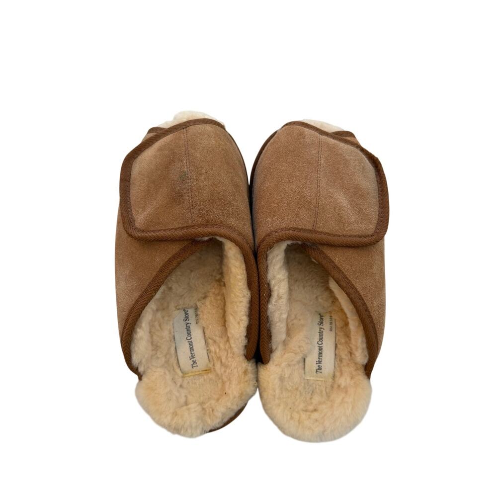 The Vermont Country Store Sheepskin Adjustable Slippers Mens Size 9 Tan Brown